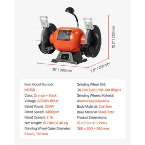 VEVOR Bench Grinder, 6-inch Single Speed Bench Grinder, 3450RPM High-Speed Table Grinders with 250W 2.1A Induction Motor, 36/60-Grit Grinding Wheels LED Work Light for Fast Sharpening Grinding