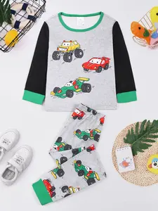 Boys Round Neck Long Sleeve Pajama Set, Car Pattern Cartoon Print, Comfortable Soft Homewear, Casual Fitted Sleepwear, All Seasons