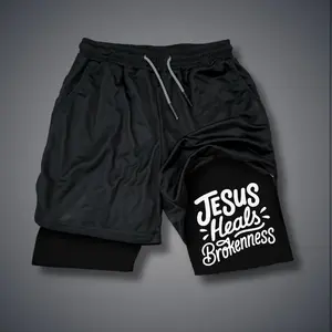 Christianity 80s 90s Double-Layer Sports Shorts Graphic Shorts Black Camo Streetwear Shorts Men Outfits Men Vacation Outfits Shorts