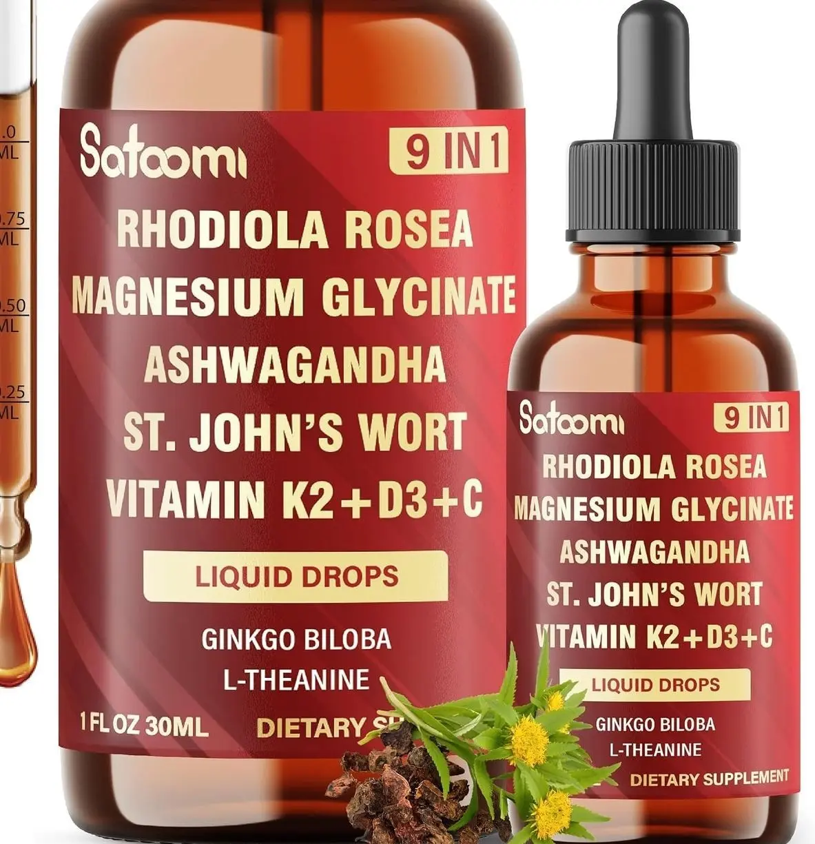 Satoomi 9in1 Rhodiola Rosea Tincture w/Ashwagandha Root Magnesium, L-Theanine. Ultra Strength Rhodiola Cortisol Supplement, Rhodiola Root Extract - 1 FL Oz - 2 Month Supply