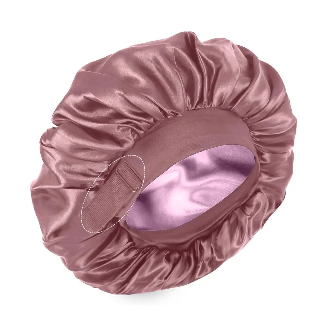 Adjustable Double Layer  Bonnet for Black Women Sleeping -  Sleep Cap for Curly Hair, Lightweight and Skin-Friendly Accessory black woman   satin silk black woman Bean Paste &Pink Haircare Heatless Elastic