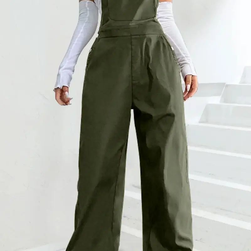 Women's Solid Color Adjustable Strap Overalls with Pocket Design, Casual Fit One Piece Jumpsuit for Outdoor Streetwear, Women Clothing, Womenswear