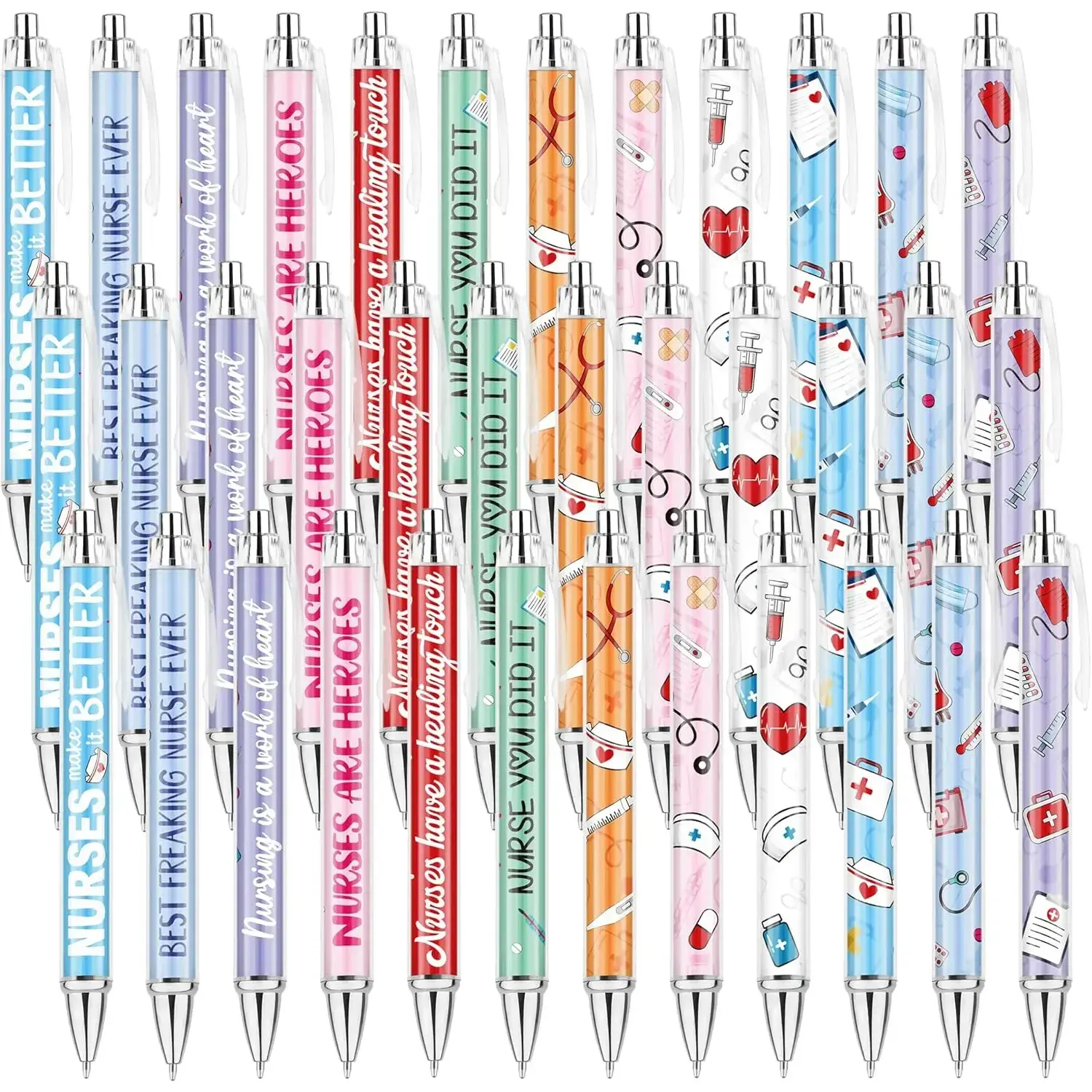 36PCS Nurse Week Gifts Bulk, 12 Pretty Cartoon Patterns Nurse Pens Set, Retractable Funny Nursing Pens, Nurse Ballpoint Pens with Black Ink, Gifts for Medical Assistants Students Pharmacy Technician