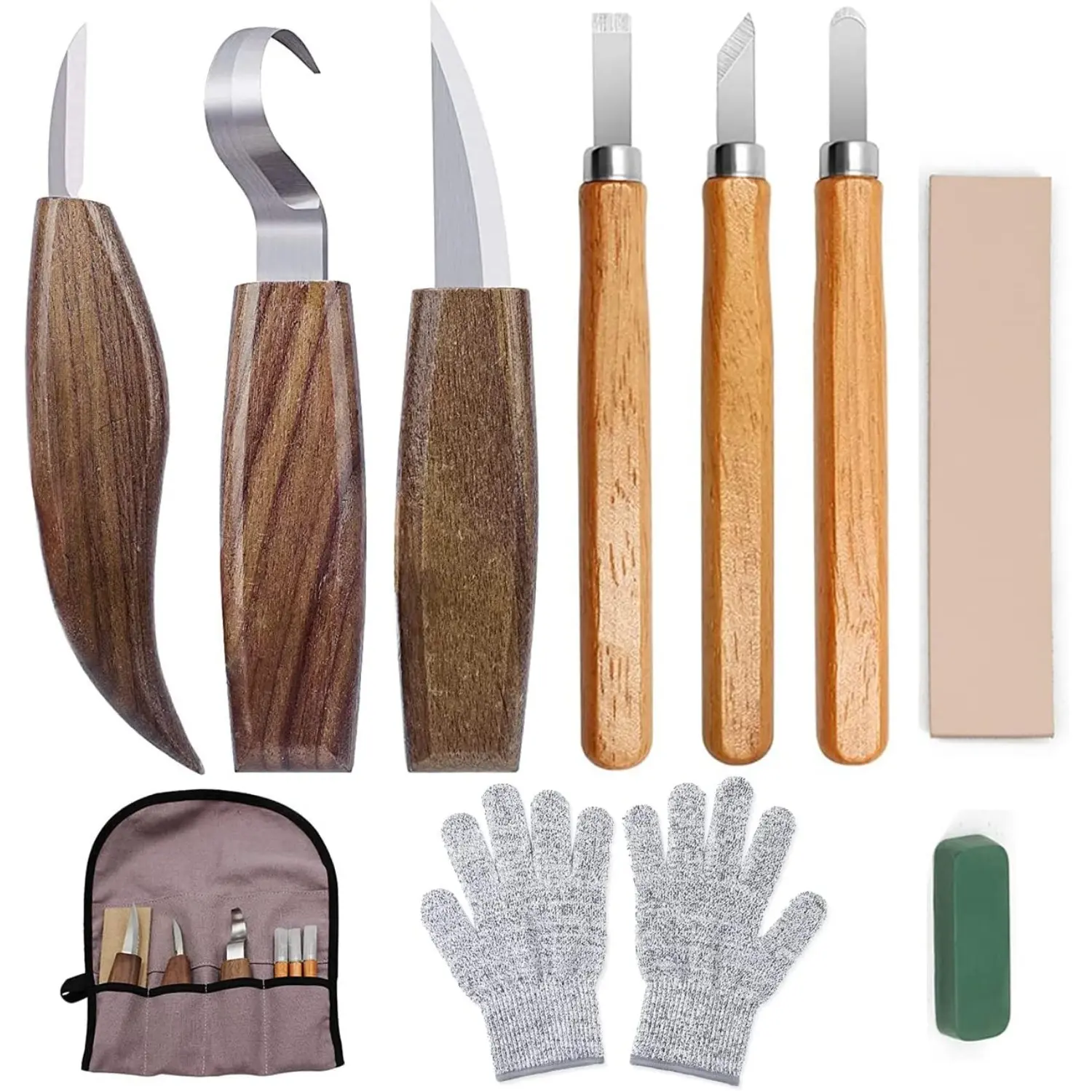 10-Pc Wood Carving Beginner Kit - Woodworking Tools with Resistant Gloves, Spoon, Whittling Knife, Sandpaper, Portable Handle for Home Supplies, Party Gifts