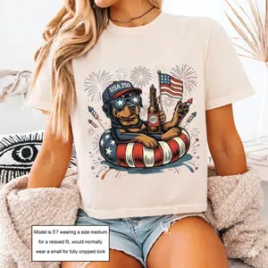 USA 250 Boxy Tee Patriotic Rottweiler Dog Graphic Tee Cropped Shirt Women’s Retro Style 90s Dog Lover Gift Independence Day Tee American Flag Design