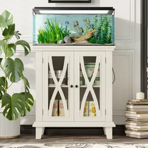 20 Gallon Fish Tank Stand with Power Outlets(4 AC 2 USB), Farmhouse Decorative Aquarium Stand Furniture with Adjustable Shelves, 10-20 Gallon Reptile Turtle Tank Stand with Cabinet Storage, Beige