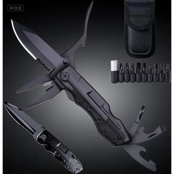 Stealth Matte Black Tactical Pliers Multi-Tool - Compact Folding Hand Tool with Screwdrivers, 9-in-1 Bits, Belt Clip, Safe Locking, Durable Camping Gear for Hiking/Camping Enthusiasts, Stainless Steel