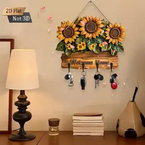 2d  1 piece of sunflower country style wooden decorative hanging hook - with "Welcome Home" logo, warm yellow simulated wood,  key hanging rack, suitable for entrance, kitchen, sunflower enthusiasts holiday decoration gifts, retro style
