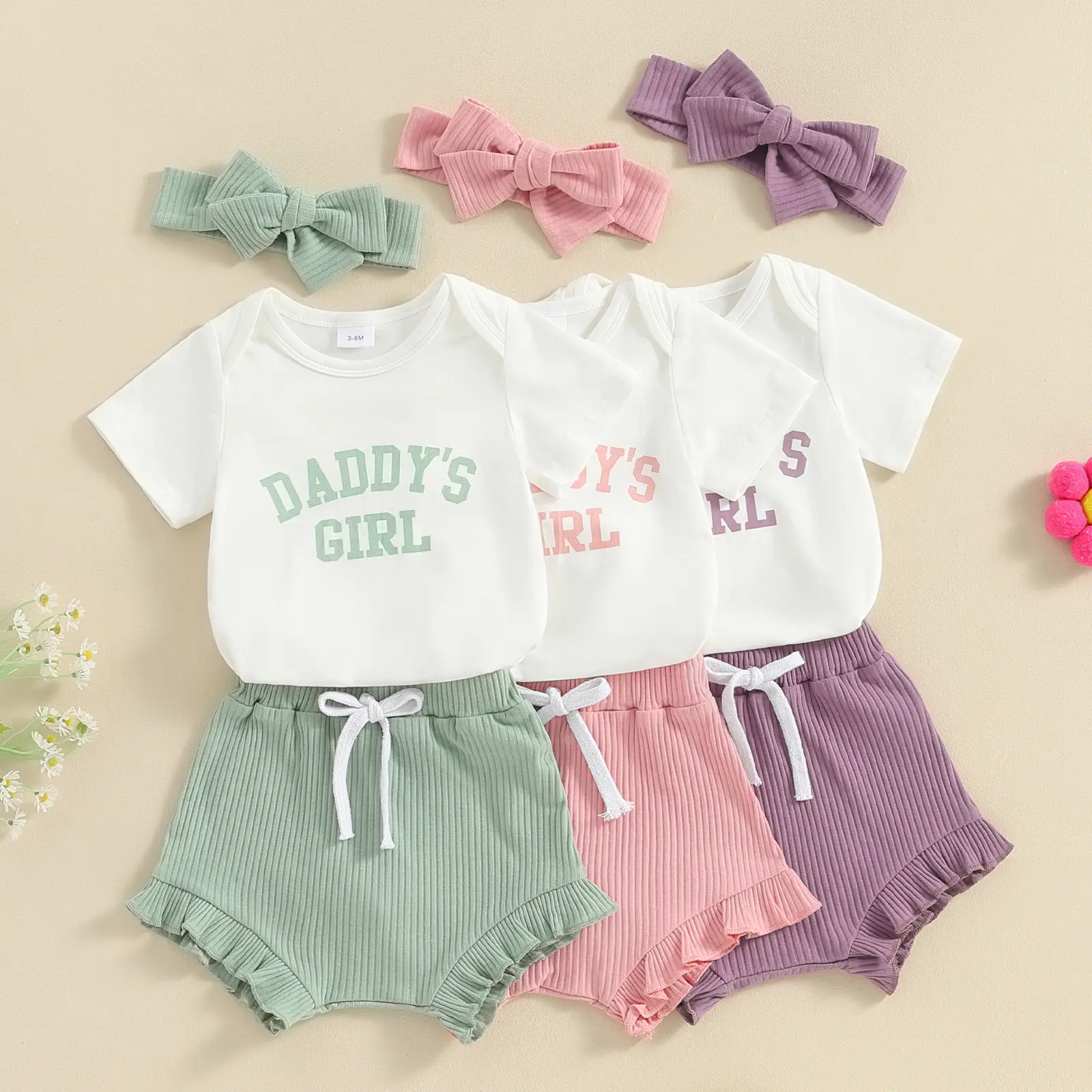 Ma&Baby Newborn Baby Girls Summer Outfits Daddys Girl Short Sleeve Romper Ribbed Ruffled Shorts Headband 3Pcs Clothes 0-18M