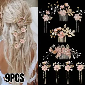 9pcs Elegant Flower Wedding Hair Pins | Rhinestone Faux Pearl Bridal Hair Clips Headpiece, Faux Crystal Wedding Hair Additions for Brides and Bridesmaids, Women Updo (Pink)