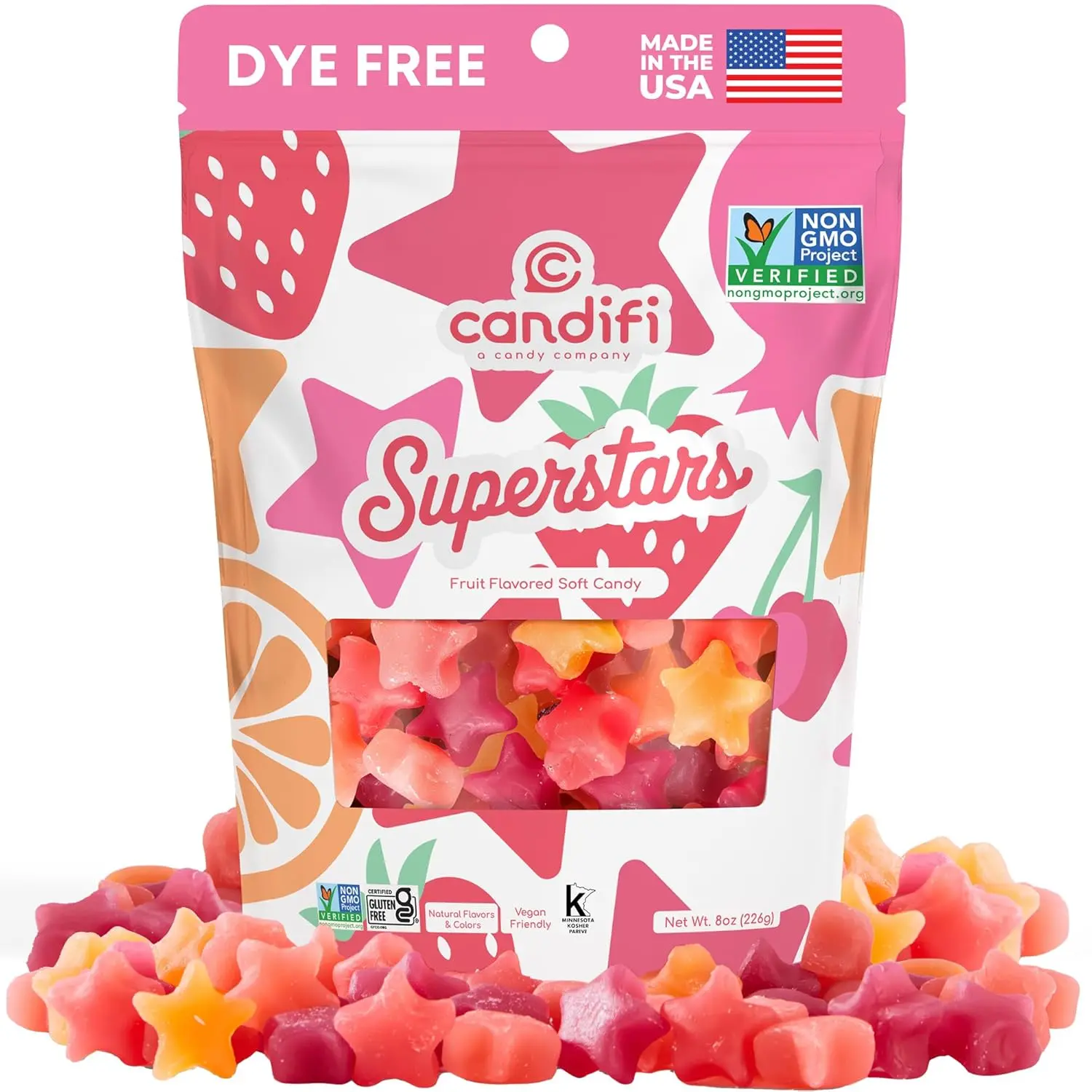 Candifi Superstars Gummy Stars – Dye Free Candy – Vegan Candy – Non GMO - Fruit Flavored Soft Chewy Stars with Natural Colors & Flavors – Kosher No Gelatin, Gluten Free Snacks (8 oz), Sweet, Gummies, Sugar, Strawberry, Gmo-Free
