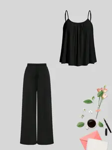 Two-Piece Set Women's Solid Color Cami Top & Wide Leg Pants, Casual Adjustable Spaghetti Strap Top & Trousers for Daily Wear, Ladies Summer Clothes, Pajama