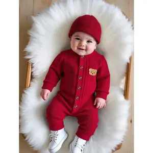 1pc Baby Boys Solid Color Jumpsuit, Soft & Plush, Cute Casual Style, Suitable For Autumn/Winter Outdoor Play, Vacation And Daily Wear Red Baby Jumpsuit