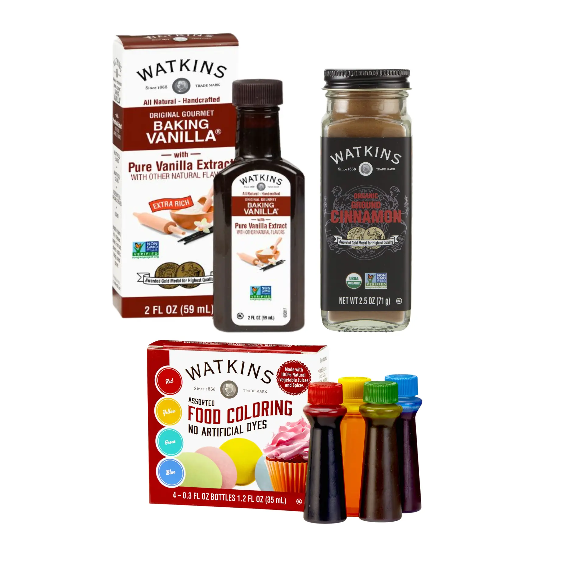 Watkins Everyday Baking Starter Set - Essential Ingredients for Cookies Cakes & Pastries - Bright Liquid Food Coloring Set Vibrant Glowing Dye-Free  Pure Vanilla Extract, All-Natural Cinnamon  Artificial Dye-Free Food Coloring  Variety Pack Kit