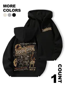 Unisex Half-Zip Hoodie - Vintage Halloween "Spook Show" Double-Sided Graphic,90s Grunge Vintage Halloween Crewneck Cult Classic Horror Fright Night Monster Mash Hoodie Frankenstein Shirt, Salem Theater Frankenstein & Dancing Skeletons Graphic