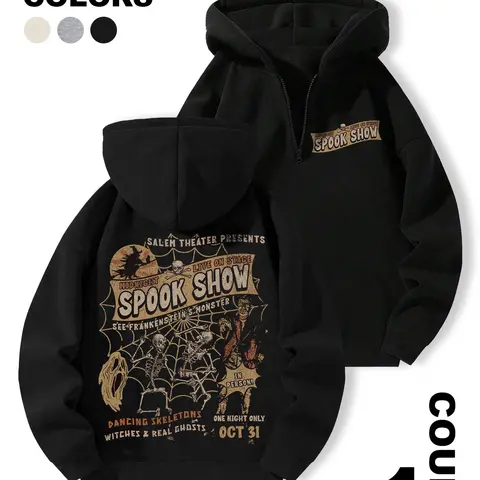 Unisex Half-Zip Hoodie, Spooky Graphic Sweatshirt - Vintage Halloween "Spook Show" Double-Sided Graphic, 90s Grunge Vintage Halloween Cult Classic Horror Frankenstein Shirt, Salem Theater Frankenstein & Dancing Skeletons Graphic