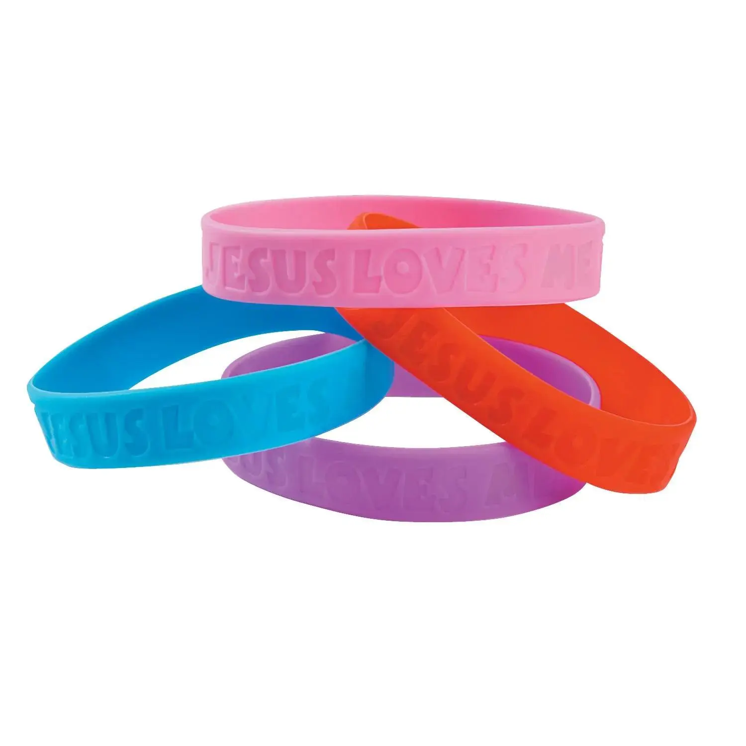 7 1/4" Jesus Loves Me Blue, Red, Pink & Purple Rubber Bracelets - 24 Pc.