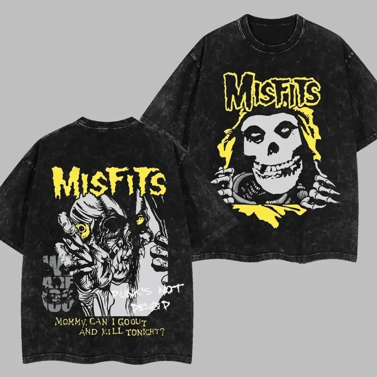 Misfits Band - Mommy, Can I Go Out And Kill Tonight Retro Unisex Acid Washed T-Shirt, Retro Y2K punk rock Streetwear Top Classic Hoodie Tshirt, Alternative Streetwear Essential for Rock Lovers 3LL 46W