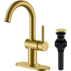 Brushed Gold Single Handle Bathroom Faucets Modern Prep Wet Bar Sink Faucets Bathroom Sink Faucet with Drain Assembly & Deck Plate, Farmhouse RV Camper Outdoor Utility Faucet, KE-9005B-4