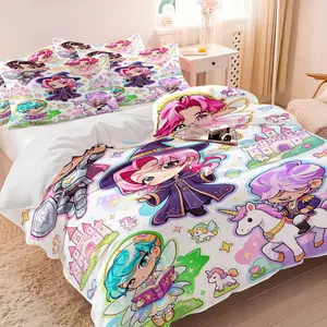 K-pop Boy Group Anime Chibi Duvet Cover Set, 1 Duvet Cover + 1/2 Pillowcases, No Core, Fantasy Print with Knight, Witch & Fairy, Soft Cozy Breathable All-Season Bedding for Teens & K-pop Fans Bedroom & Dorm Decor