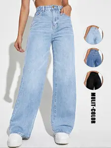 Women's Plain Pocket Straight Leg Jeans, Casual Comfy Denim Pants for Daily Wear, Ladies Bottoms for All Seasons