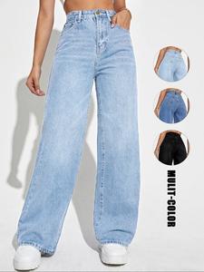 women's plain pocket straight leg jeans, casual comfy denim pants for daily wear, ladies bottoms for all seasons