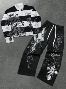 Dark Religion Totem Unisex Set, Colorblock, Graphic Prints, Polo Neck Fitted Sweatshirt, Wide Leg Pants, Street Style, All Seasons, Aesthetic