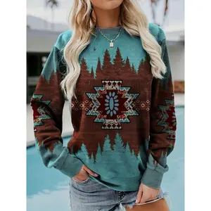 Aztec Print Pullover Sweatshirt, Casual Long Sleeve Crew Neck Sweatshirt For Fall & Winter, Women's Clothing
