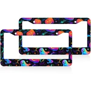 Neon Halloween Pumpkin License Plate Frames 2 Packs Aluminum Car Tag Cover Holder 12.2x6.3 Inch Auto Parts Decoration with Screws ﻿