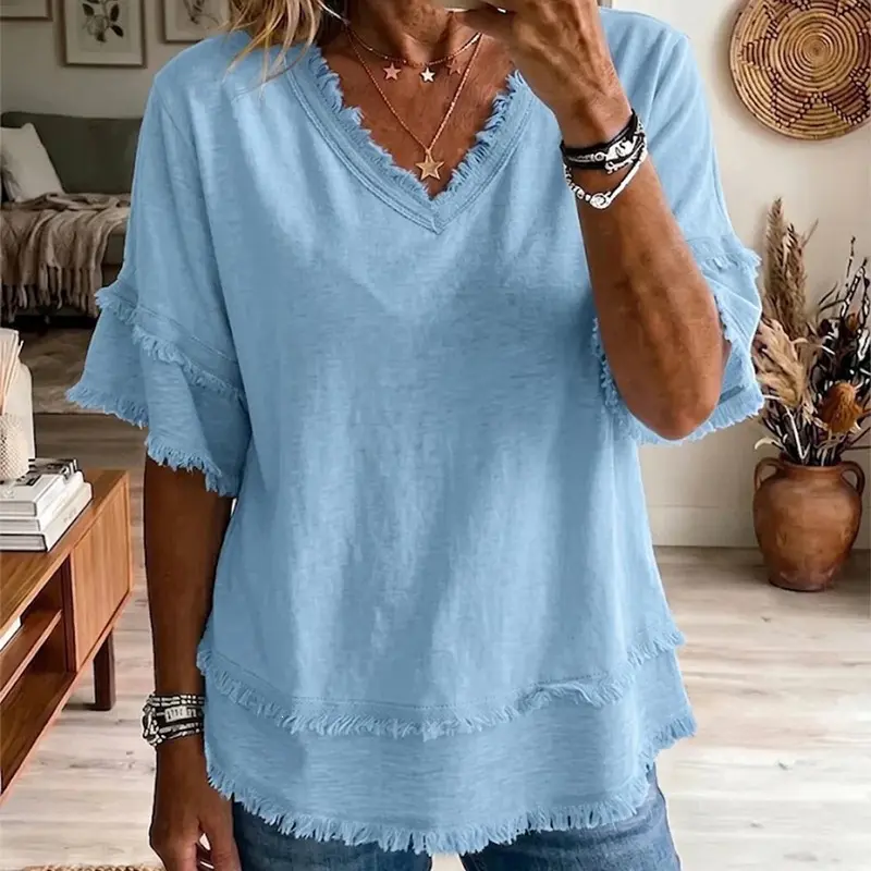 Women's Summer Flattering V Neck T Shirts, Loose Oversized Short Sleeve Flowy Basic Tops Premium Blend Soft Fabric Hide Belly Casual Daily OOTD Tees for Beach Vacation Everyday Outfit