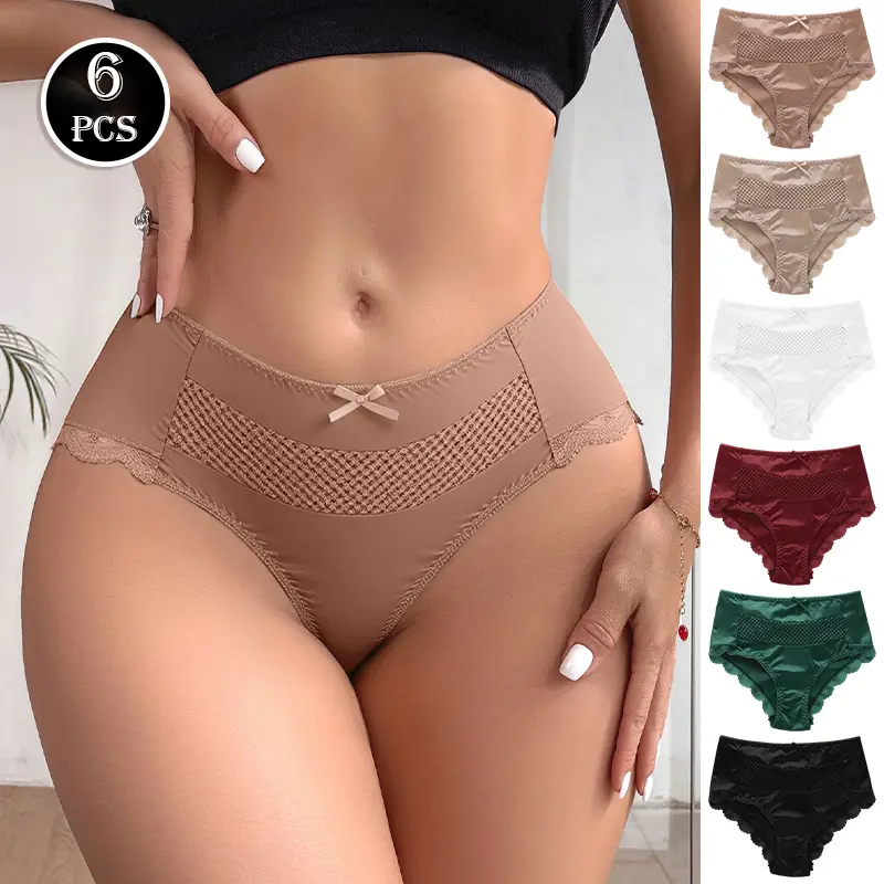 Women's High Waisted Satin Panties - 6-Pack Multicolor with Cute Lace Trim (Adds Sweet Romance) & Cute Bow, Comfortable Briefs for All-Day Ease, High Waisted Knicker, Festive Intimate Gifts, Polyamide-Elastane Plain Underwear