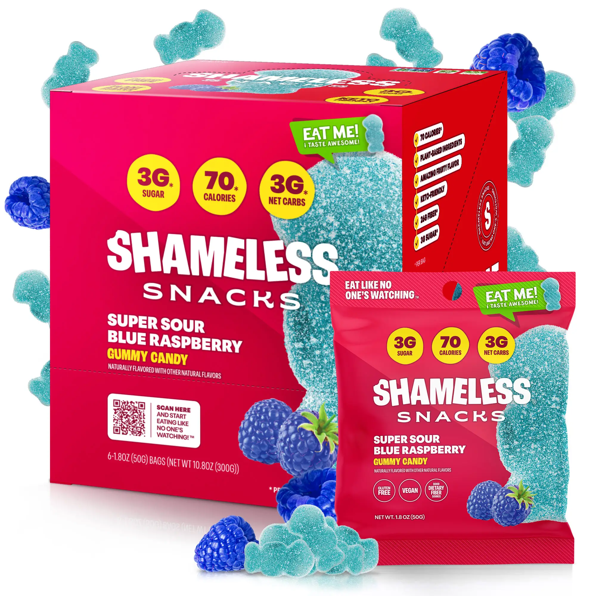 Super Sour Blue Raspberry - Keto & Vegan Gummies (6 Bags), 3g Net Carbs, 3g Sugar, Gluten-Free, 70 calories per bag, healthy sweet snack Fruit Candy