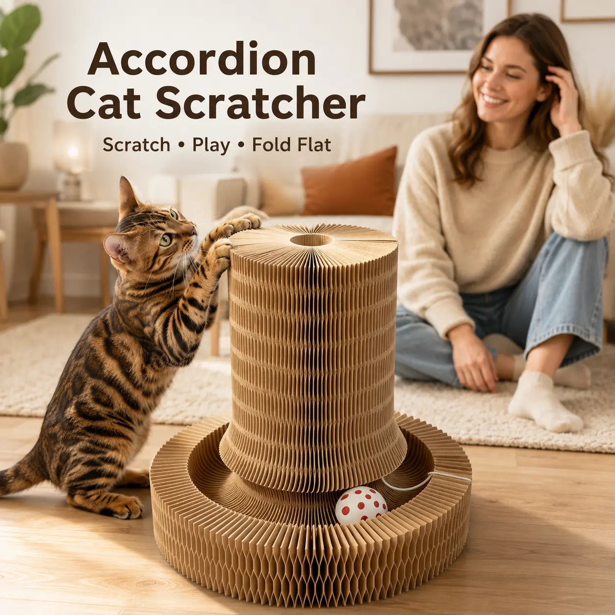 Accordion Cat Scratcher Toy, Foldable Corrugated Cardboard Cat Scratch Pad with Interactive Ball Track, 2-in-1 Indoor Cat Play Scratcher
