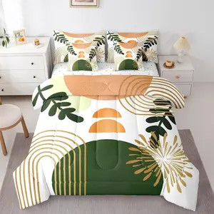 Boho Mid Century Comforter Set,7 Piece Bed in a Bag,Abstract Geometric Bedding Sets,Modern Minimalist Simplistic Geometric Line Art Sheet Set
