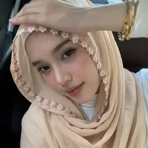 Malaysian New Arrival Muslim Women Chiffon Floral Decor Embroidered Hijab Shawl Scarf