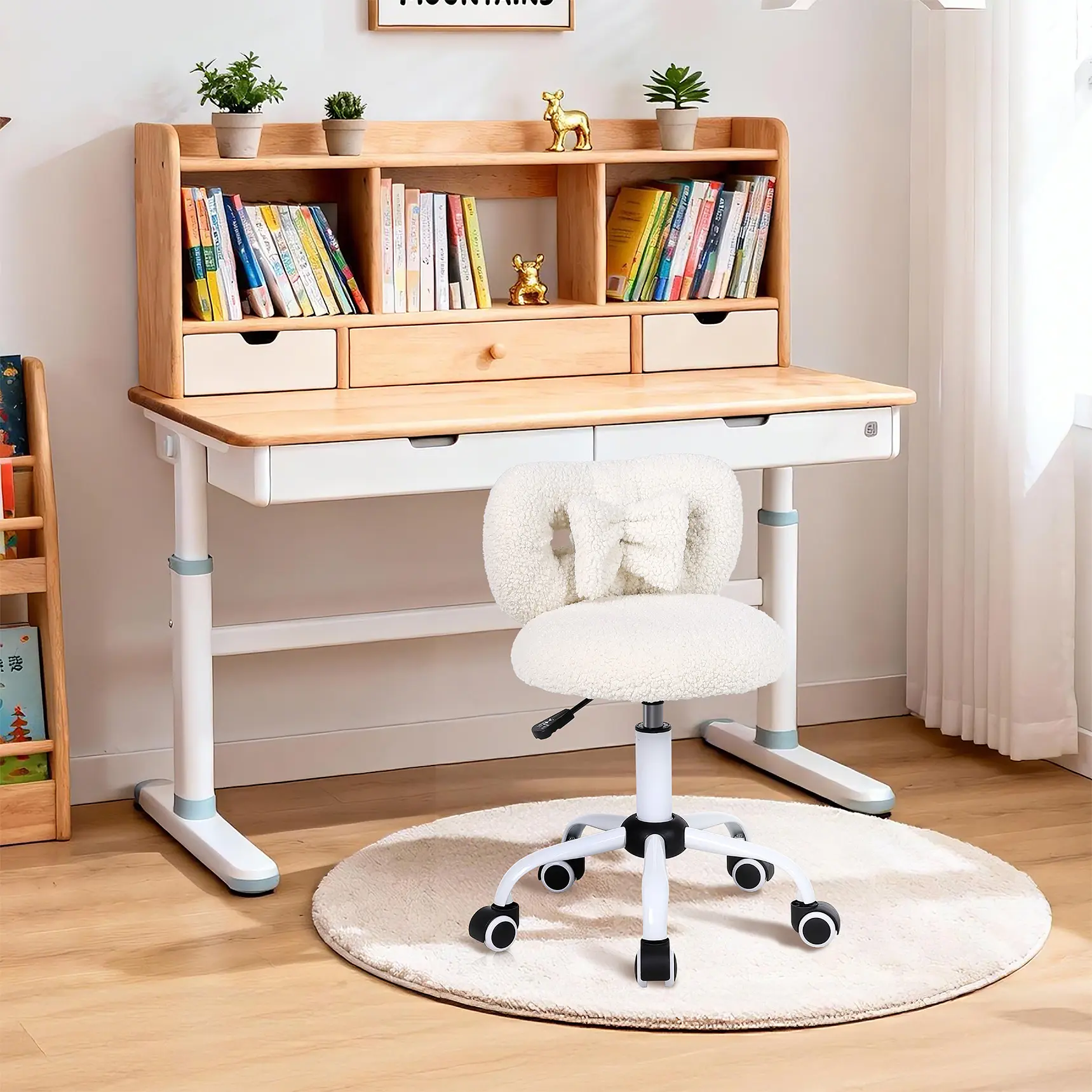 NUSETX Children's Furniture Kids' Desk Chair with Bow Design, Cute Upholstered Swivel Chair with Wheels and Adjustable Height, Small Comfy Armless Chair