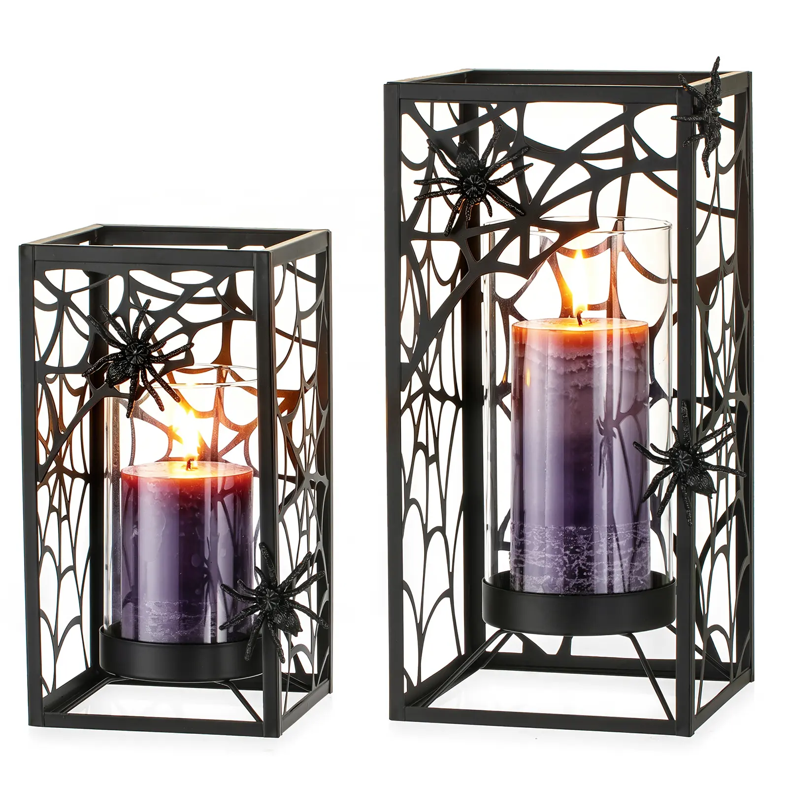 2 Pack Black Metal Hurricane Candle Holders, Gothic Farmhouse Spider Web Lanterns With 5 Magnetic Spiders Clear Glass Cylinder For Table Centerpiece Fireplace Mantel Decor, Halloween gifts