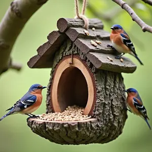 A brand new innovative bird feeder shaped like a real tree stump. Perfect for feeding birds in gardens, yards and balconies in winter. It attracts hummingbirds and sparrows.