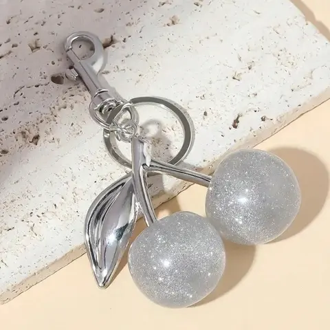 Shiny Silver Color Cherry Pearl Pendant Keychain, Fruit Keychain, Elegant Faux Pearl Charm, Large Crystal Cherry Shape, Fashionable Metal Accessory, Key Accessories