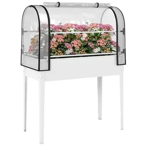 Raised Garden Bed with Flip-Up Greenhouse Cover – White Metal. Elevated Planter with Legs. 26 Gallon Capacity. Drainage Hole. Protects from Cold, Frost & Birds. 23.2" Work Height