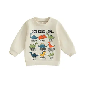 Toddler Boy Fall Sweatshirt Letter Dinosaur Print Long Sleeve Crewneck Pullover Loose Top Infant Kids Autumn Clothes Back to School