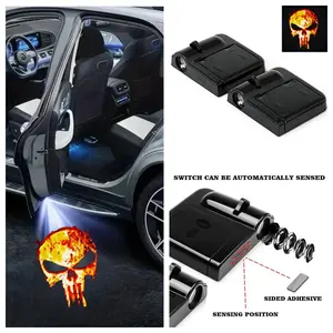 4 Pack Flame Color Punisher Skull Car Door Projection Lights, HD Ghost Shadow Welcome Lamp, Suitable for Most Vehicle Models, Automatic Sensing