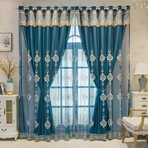 European Style Blackout Curtain, Nordic Simple Chenille Fabric, Bedroom Living Room High-End Finished Curtains, Double Layer Cloth and Lace, Window Curtain