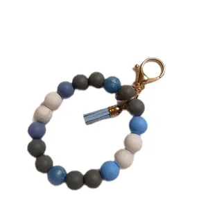White Blue and Gray Beaded Wristlet with Blue Tassel & Lobster Clasp for Keys Fashion Accessory