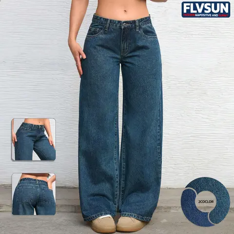 Flvsun Women's Basic 2000s Vintage 90s Baggy Style Straight Wide Leg Jeans - Low Rise Boyfriend Loose Fit Stacked Denim Pants - Casual Minimalist Bottoms for Back to School, Jeans for Women with 90s Look