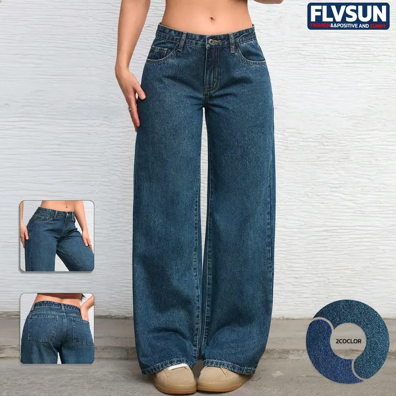 Flvsun-Women Y2k Low Rise Baggy Jeans Vintage Boyfriend Loose Fit Straight Wide Leg Jeans Casual Long Denim Pants 90s outfits straight leg jeans stacked jeans baggy jeans
