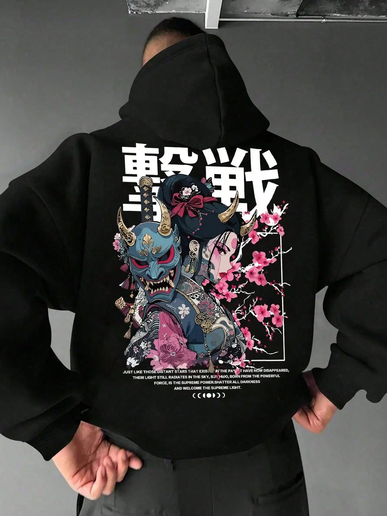 Japanese Oni Geisha Cherry Blossom Hoodie, 270G Brushed Fleece Samurai Aesthetic Hooded Sweatshirt, Harajuku Streetwear Pullover, Soft Warm Casual Top For Men Women