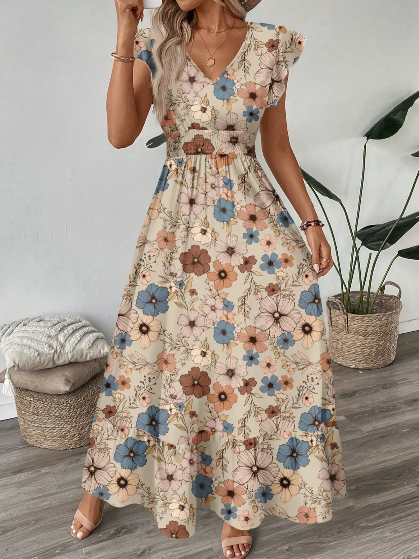 Women's Vintage Bohemian Boho Floral Print Ruched A-Line Long Dress, Casual Boho Style, Boho Flowy Dress, Vneck Cap Sleeve & Hem, Casual Wear Summer, Vacation, Casual Chic Dress, Boho Vintage Dresses