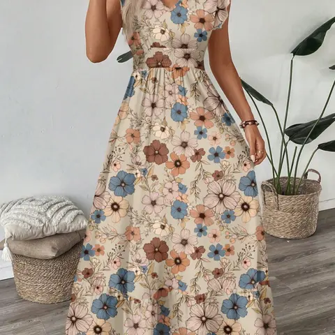 Women's Vintage Bohemian Aesthetic Boho Floral Print Ruched A-Line Long Dress, Casual Boho Style, Boho Flowy Dress, Vneck Cap Sleeve & Hem, Casual Wear Summer, Vacation, Casual Chic Dress, Boho Vintage Dresses