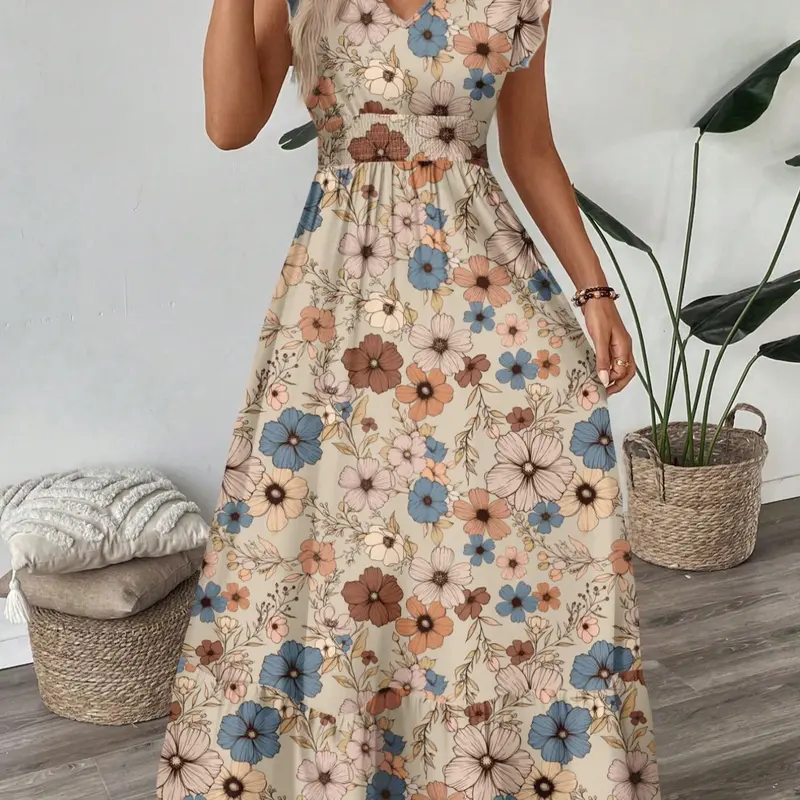 Women's Vintage Bohemian Aesthetic Boho Floral Print Ruched A-Line Long Dress, Casual Boho Style, Boho Flowy Dress, Vneck Cap Sleeve & Hem, Casual Wear Summer, Vacation, Casual Chic Dress, Boho Vintage Dresses
